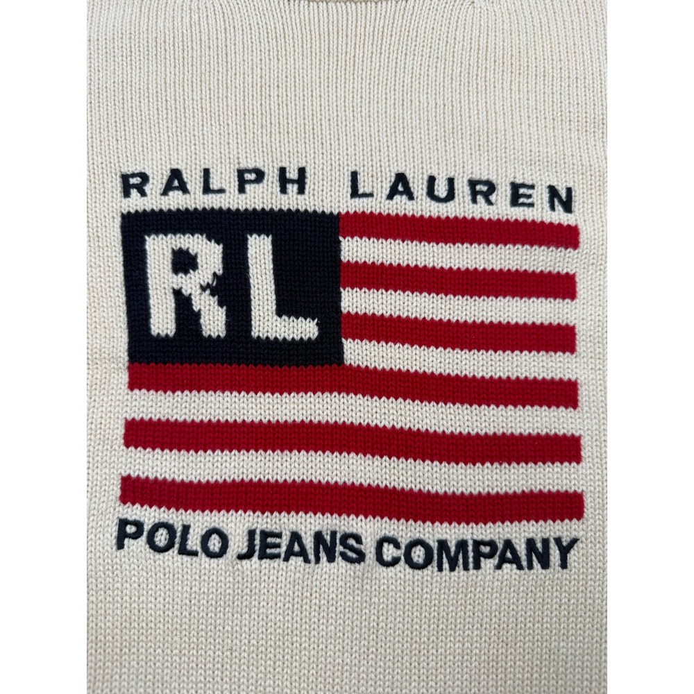 VTG Ralph Lauren Polo Jeans Co American Flag Mock Cotton Sweater Beige Womens S - Picture 9 of 13